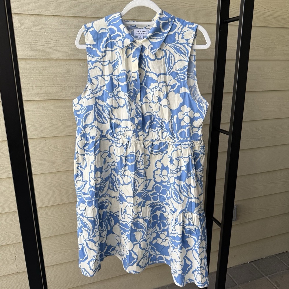 TAHARI Arthur S. Levine Summer Dress Blue‎ White Floral Sleeveless Size XL